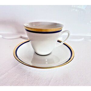 Cup & Saucer Fine Bohemian China POMPADOUR Czechoslovakia White Blue Gold Banded